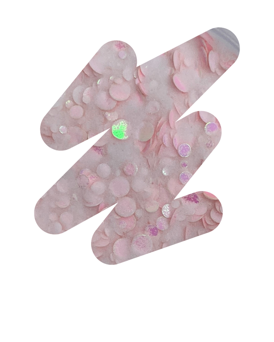 •	Nezuko – Pink circular glitter acrylic powder, clear base for cute sets.